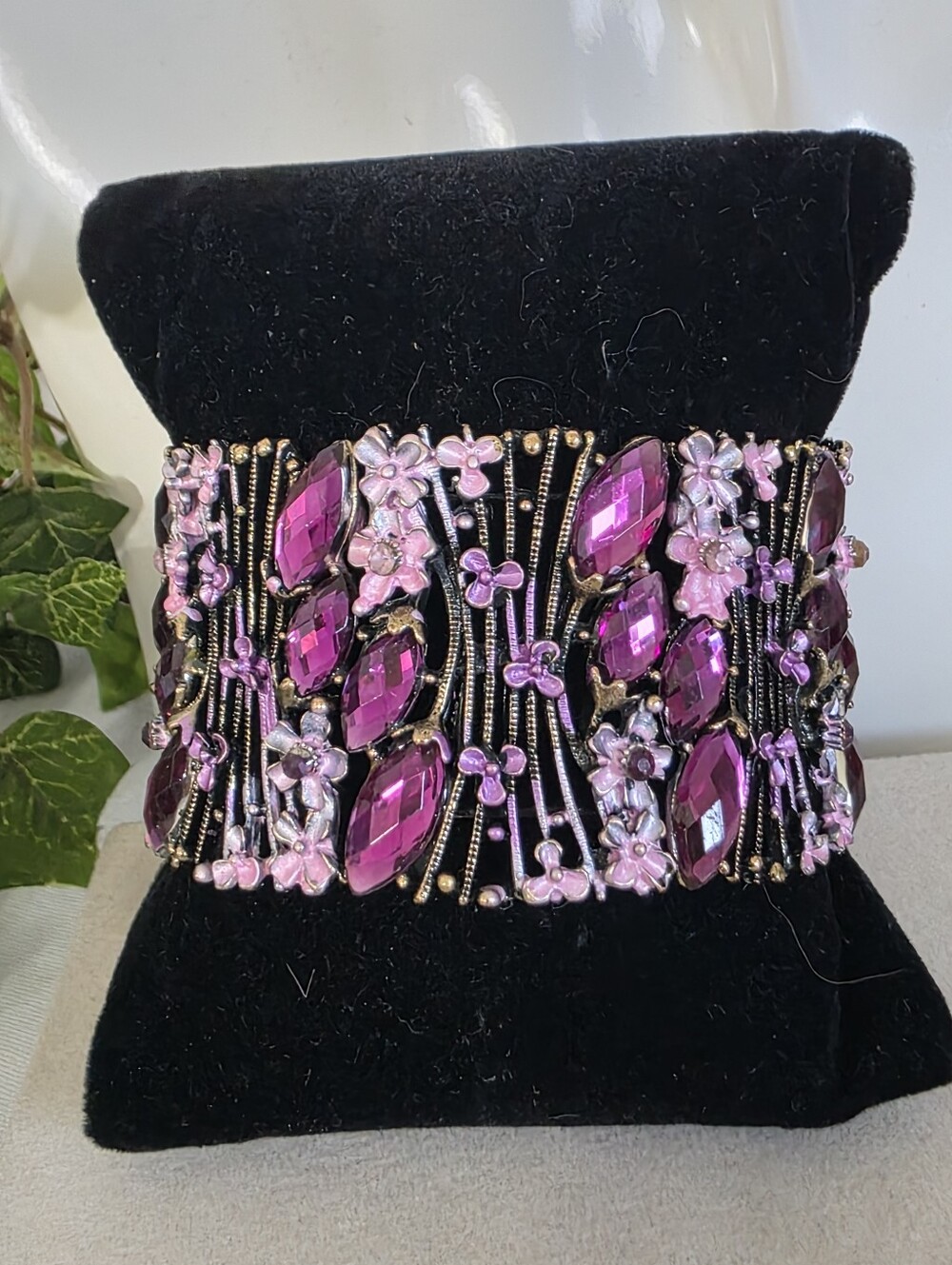 Vintage-Style Purple Crystal & Enamel Floral Wide Cuff Bracelet Statement